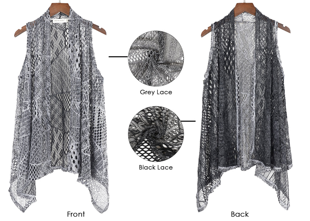Chaleco tipo cárdigan tipo chal sin mangas con abertura frontal de crochet estilo bohemio de talla grande