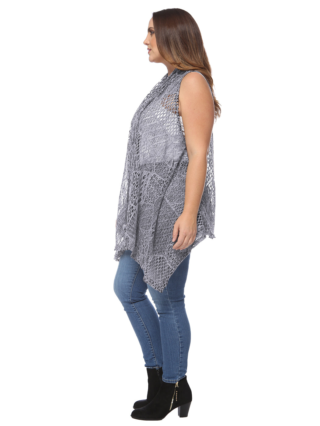 Chaleco tipo cárdigan tipo chal sin mangas con abertura frontal de crochet estilo bohemio de talla grande