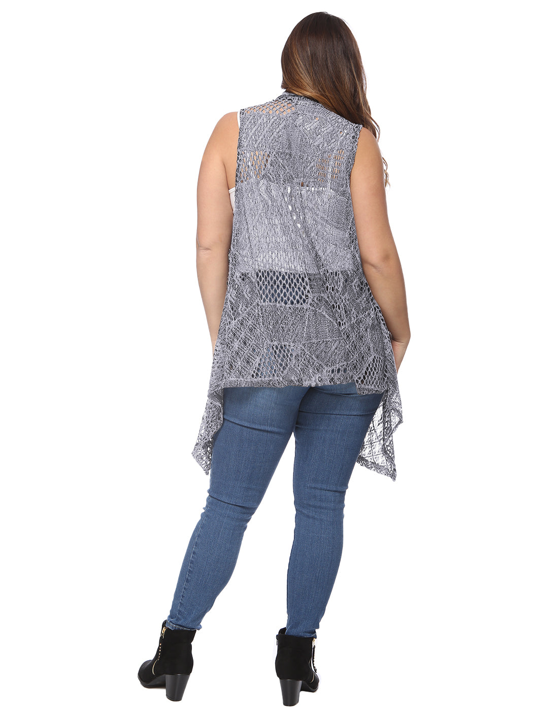 Chaleco tipo cárdigan tipo chal sin mangas con abertura frontal de crochet estilo bohemio de talla grande