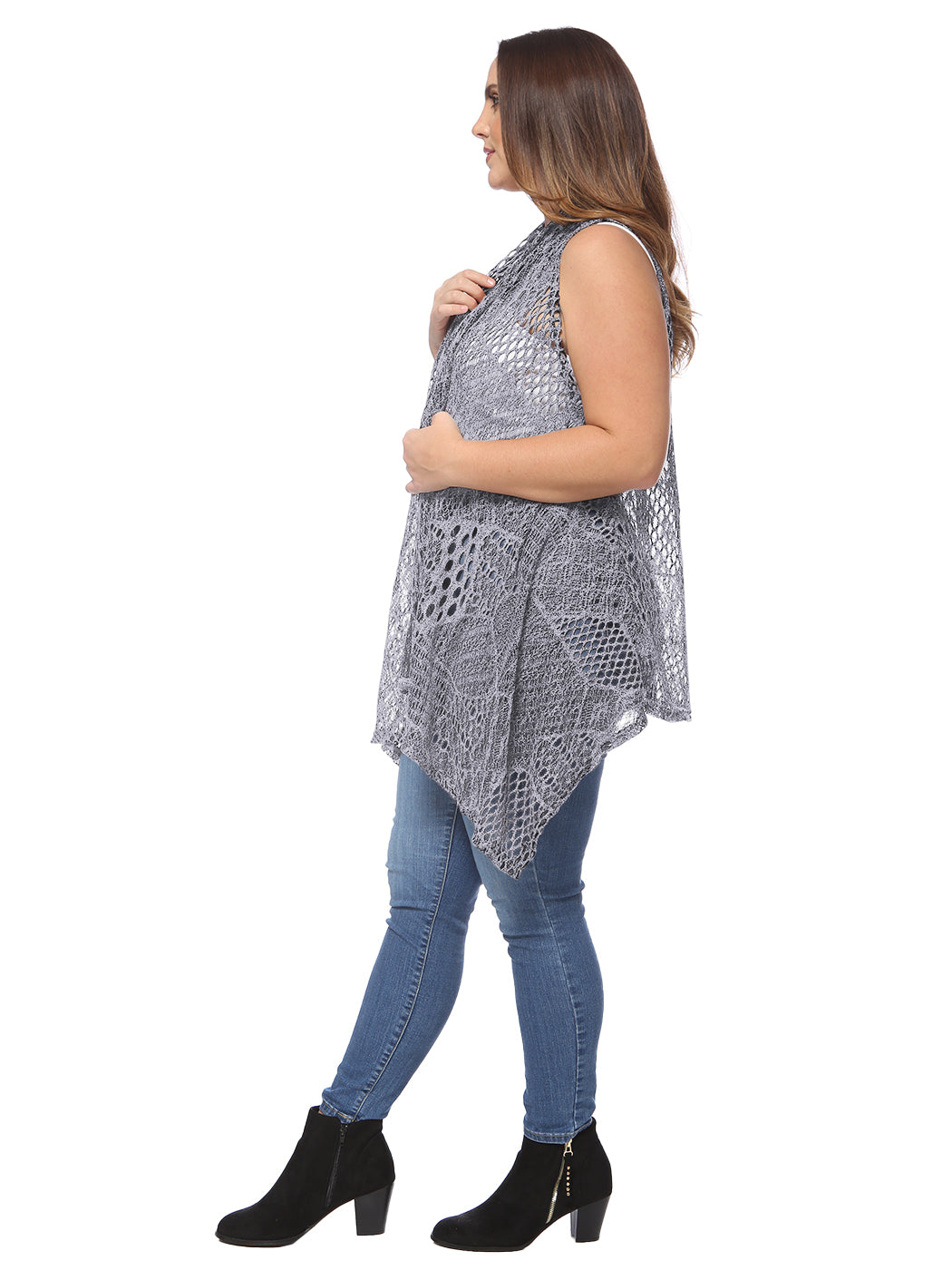 Chaleco tipo cárdigan tipo chal sin mangas con abertura frontal de crochet estilo bohemio de talla grande