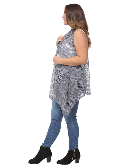 Chaleco tipo cárdigan tipo chal sin mangas con abertura frontal de crochet estilo bohemio de talla grande