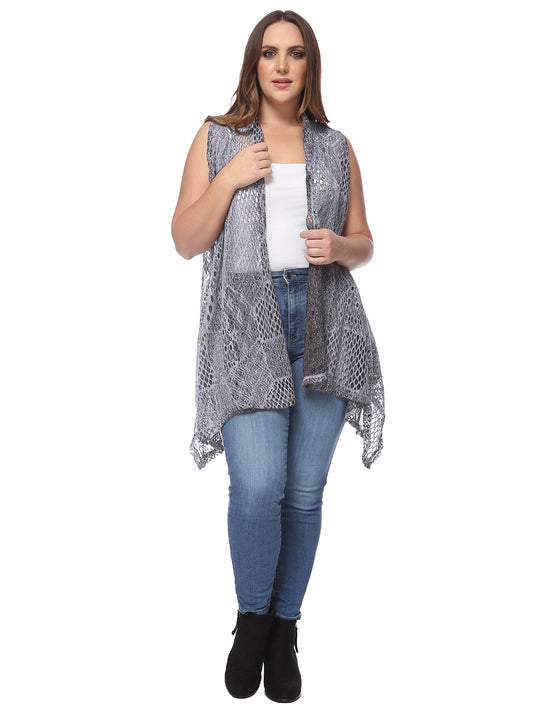 Chaleco tipo cárdigan tipo chal sin mangas con abertura frontal de crochet estilo bohemio de talla grande