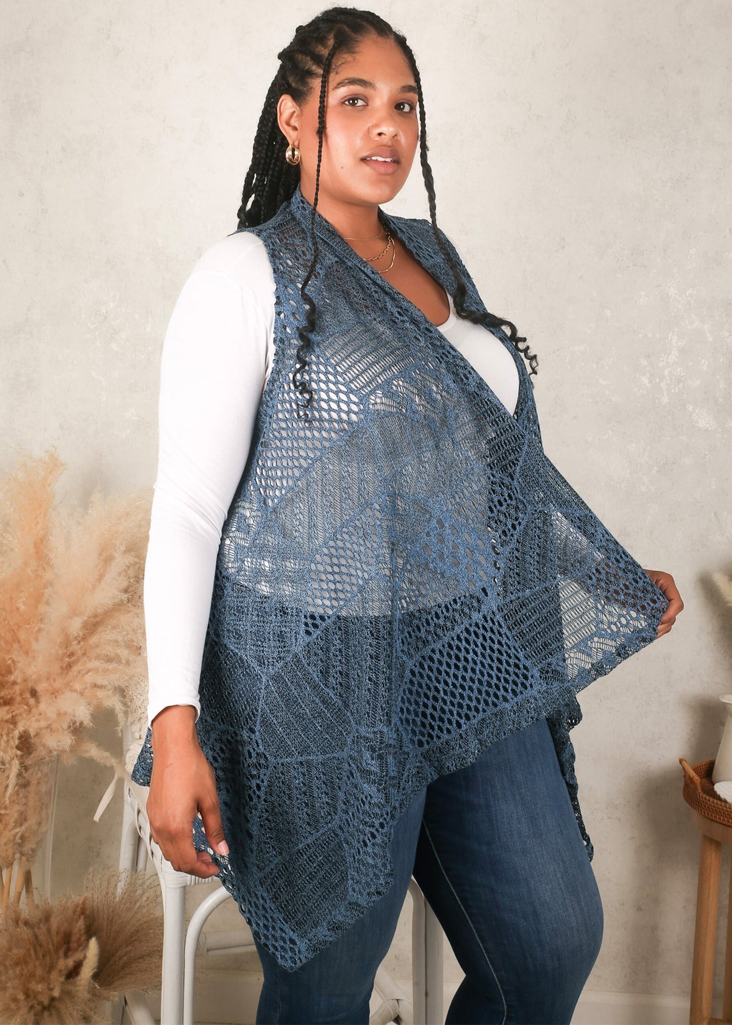 Plus Size Boho Open Front Crochet Cover Up Sleeveless Shawl Cardigan Vest, Navy