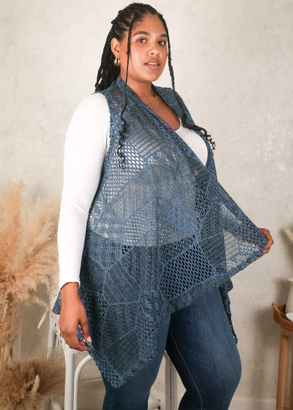 Plus Size Boho Open Front Crochet Cover Up Sleeveless Shawl Cardigan Vest, Navy
