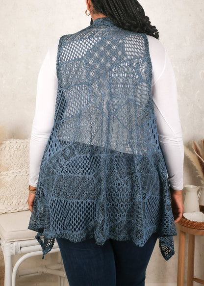 Plus Size Boho Open Front Crochet Cover Up Sleeveless Shawl Cardigan Vest, Navy