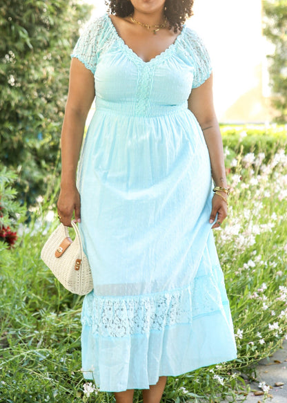 Anna-Kaci Plus Size Renaissance Peasant Medieval Maiden Boho Inspired short Sleeve Lace Flower Trim Dress