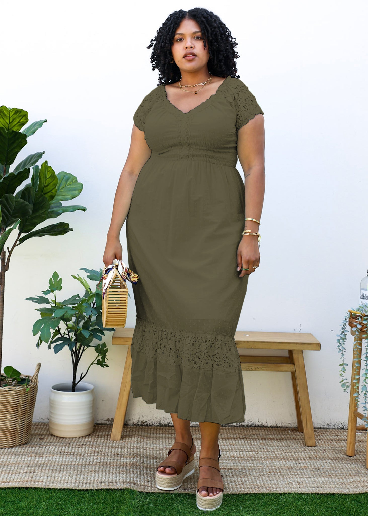 Anna-Kaci Plus Size Renaissance Peasant Medieval Maiden Boho Inspired Short Sleeve Lace Flower Trim Dress, Large / Olive Green