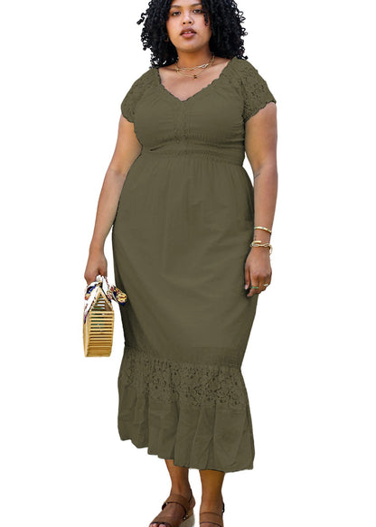 Anna-Kaci Plus Size Renaissance Peasant Medieval Maiden Boho Inspired short Sleeve Lace Flower Trim Dress
