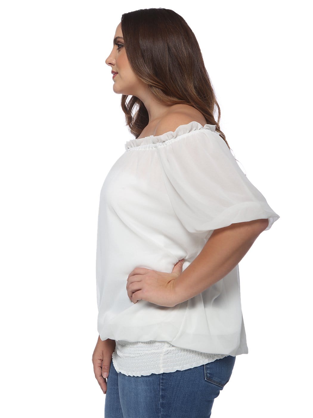 Blusa con hombros descubiertos y cintura fruncida de talla grande