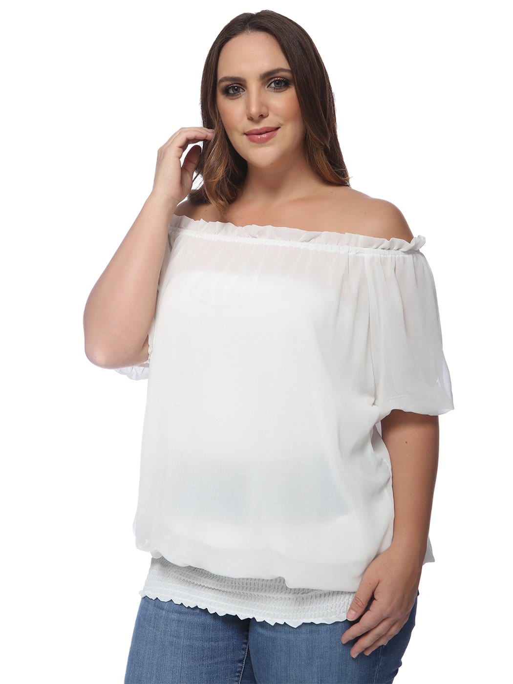Blusa con hombros descubiertos y cintura fruncida de talla grande
