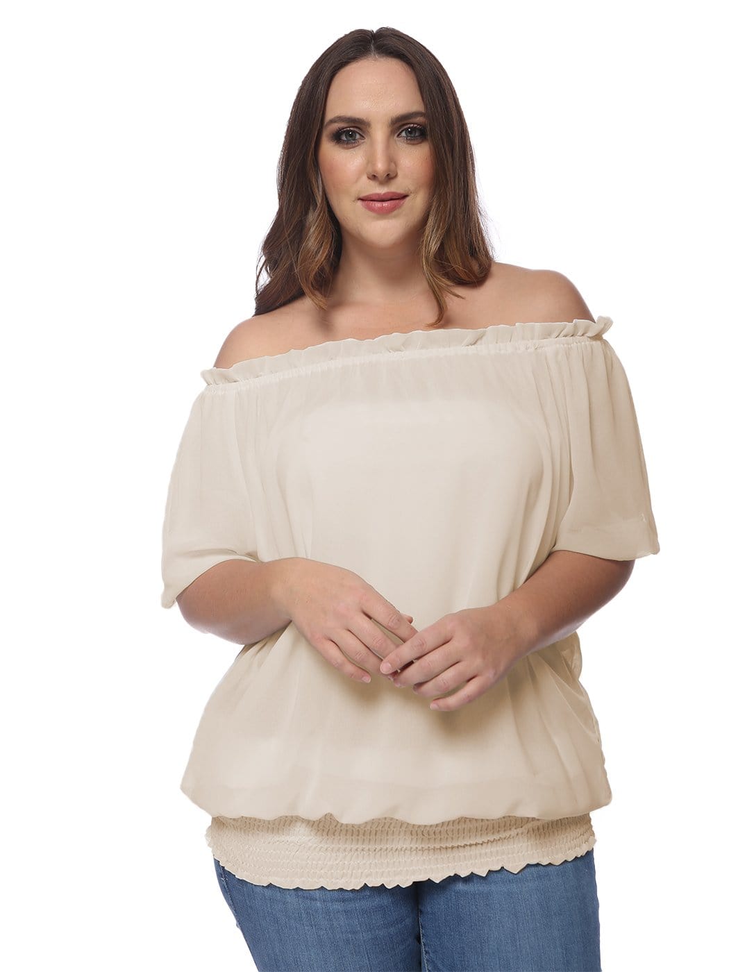 Blusa con hombros descubiertos y cintura fruncida de talla grande