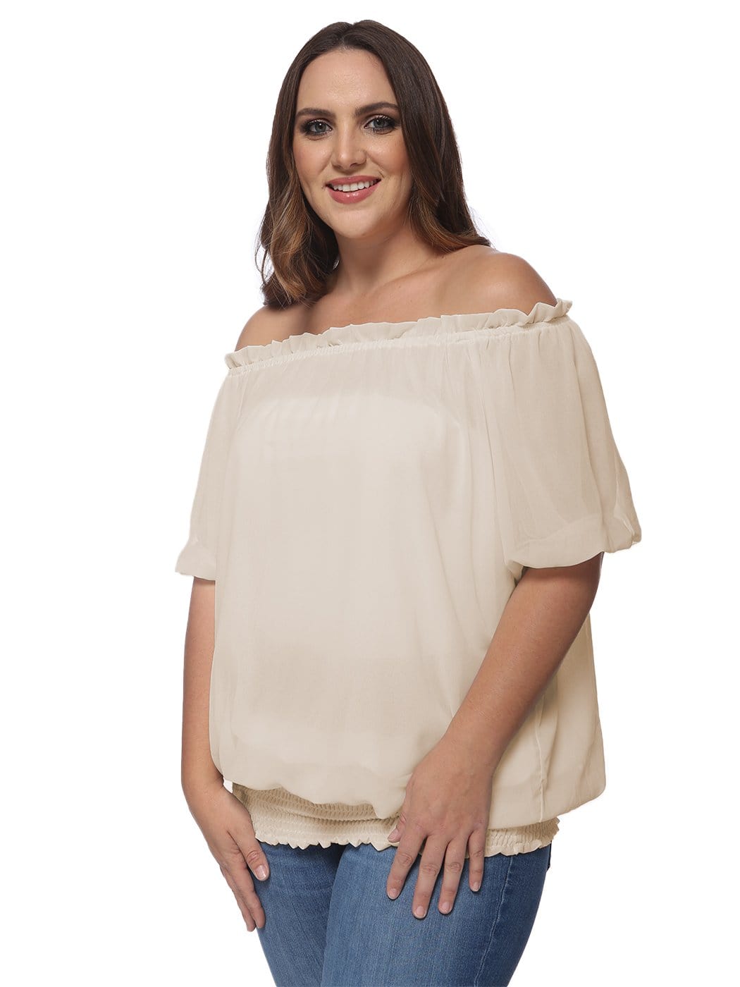 Blusa con hombros descubiertos y cintura fruncida de talla grande