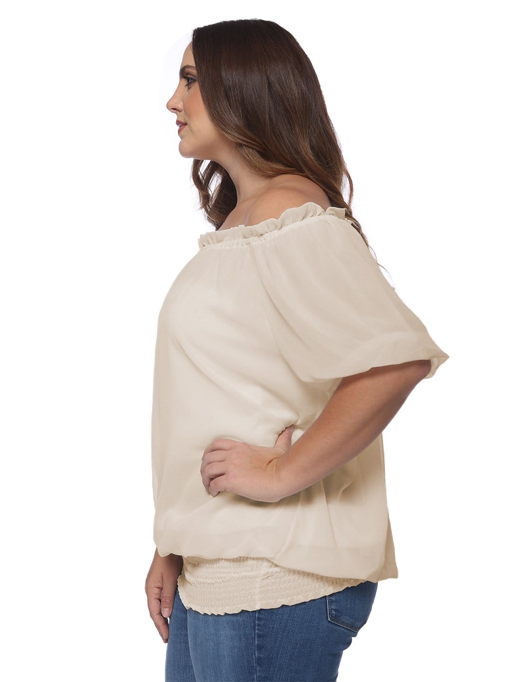 Blusa con hombros descubiertos y cintura fruncida de talla grande
