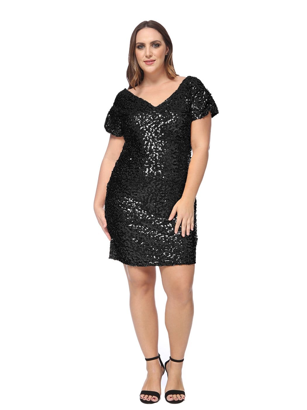 Vestido de cóctel con mangas fruncidas y lentejuelas de talla grande