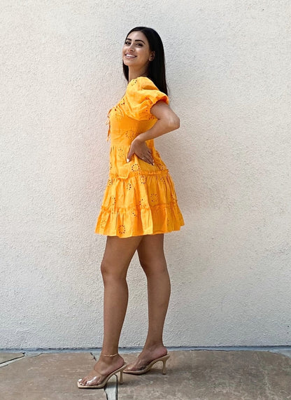 Summer Puff Sleeve Open Back Mini Dress