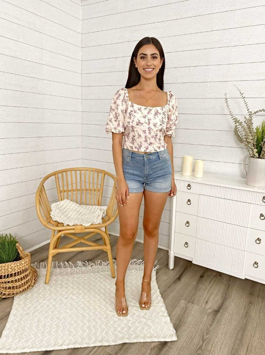Floral Puff Sleeve Open Tying Back Crop Top