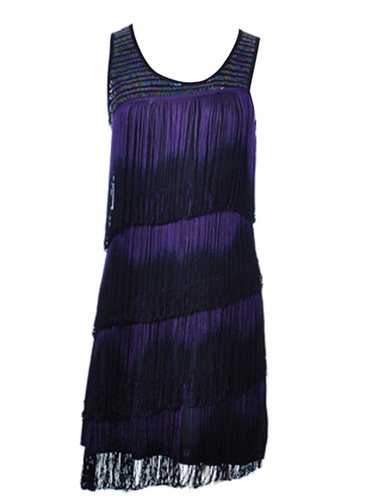 Vestido sin mangas con escote redondo y flecos teñidos en morado y negro para mujer