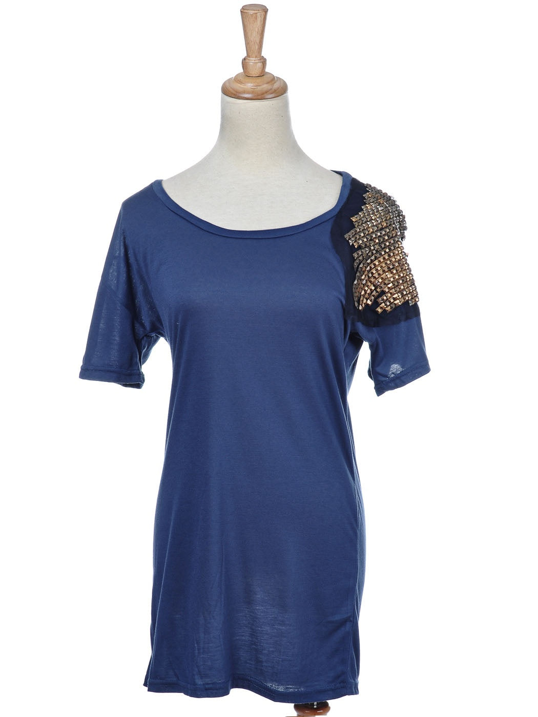 Vestido de cóctel con hombros descubiertos estilo gladiador metalizado en azul oscuro de talla única