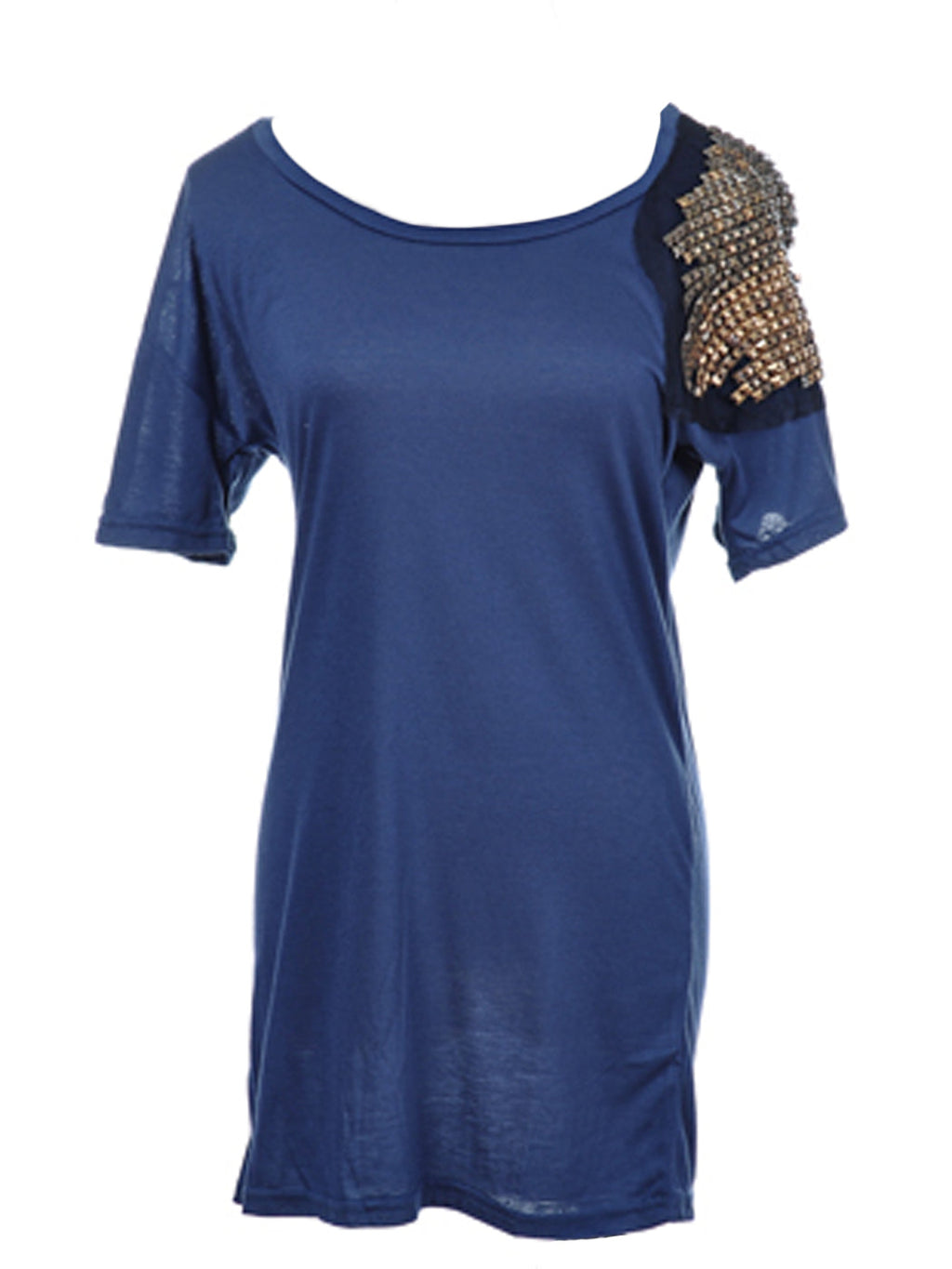 Vestido de cóctel con hombros descubiertos estilo gladiador metalizado en azul oscuro de talla única