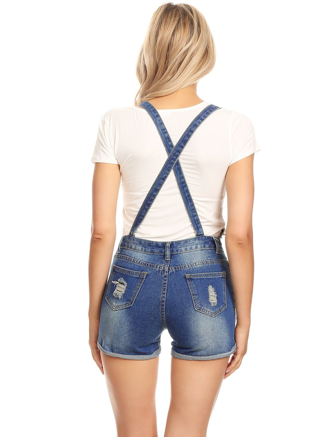 Distressed Denim Short Overalls