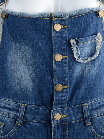 Distressed Denim Short Overalls