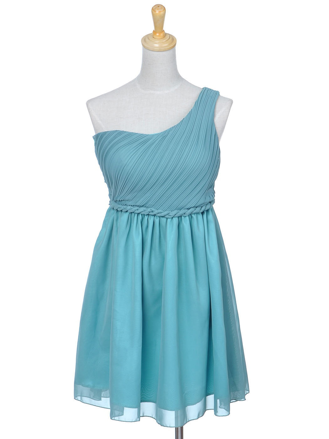 S/M Fit Teal Green Braided Waist Pulled Drape Lace One Shoulder Dress