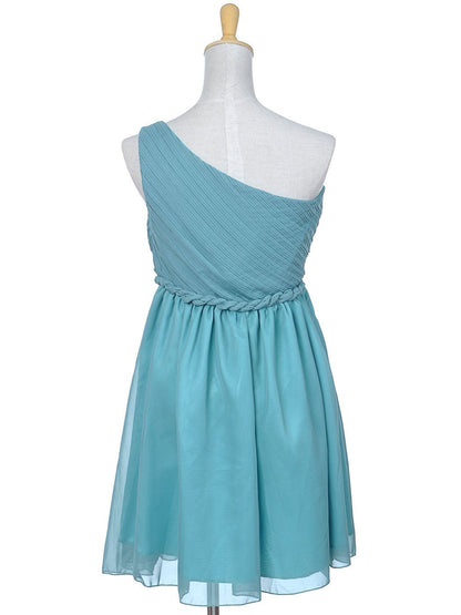 Vestido de un hombro con encaje, drapeado y cintura trenzada en color verde azulado, talla S/M