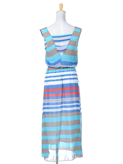 Blue Grey Nautical Stripe Sheer Chiffon Long Maxi Length Dress