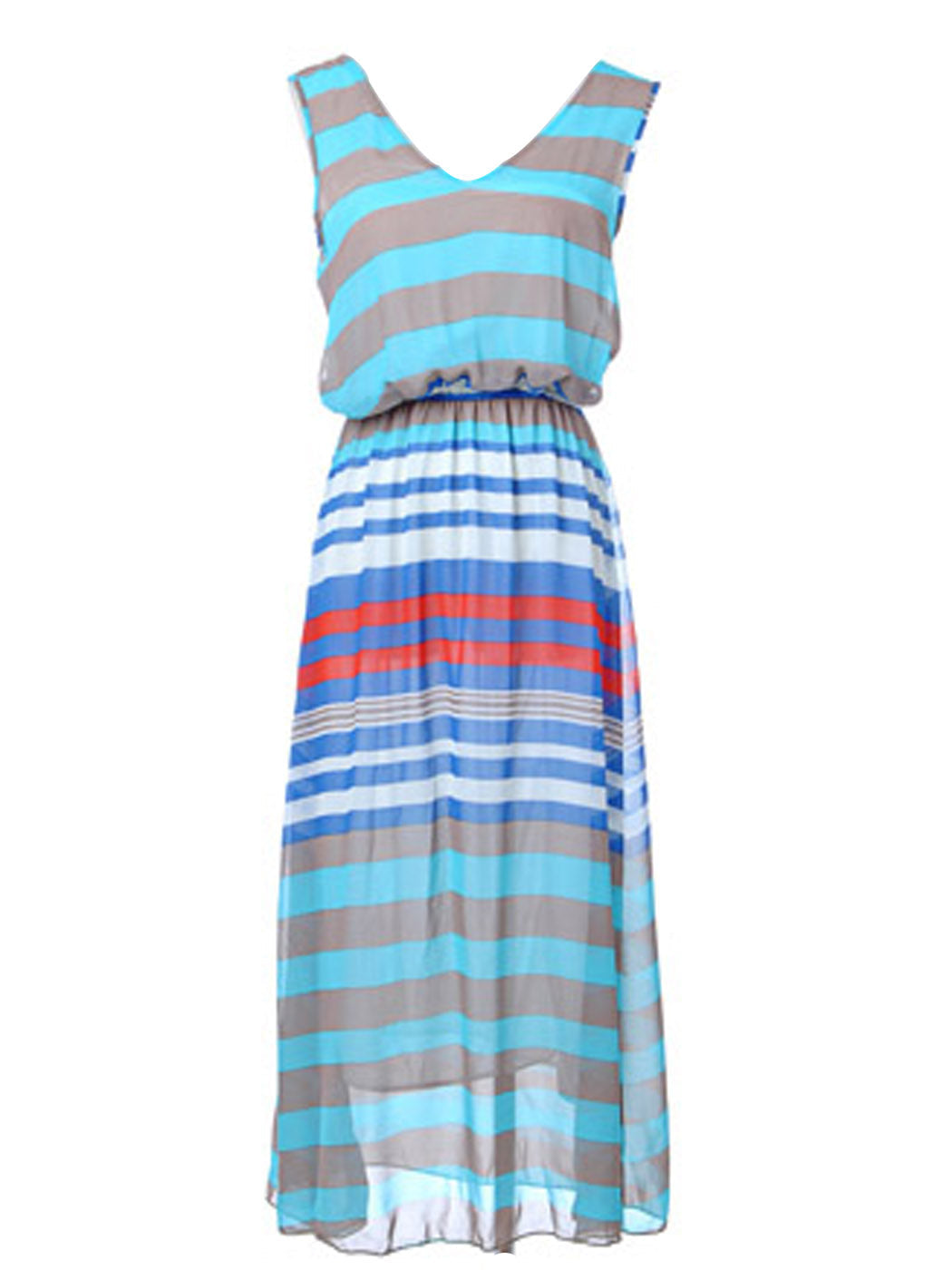 Vestido largo de gasa transparente con rayas náuticas en gris azulado