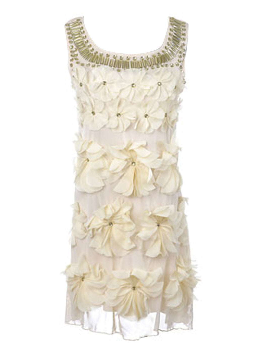 Vestido sin mangas con escote de cuentas y piedras preciosas con diseño floral de pétalos de flores color crema beige