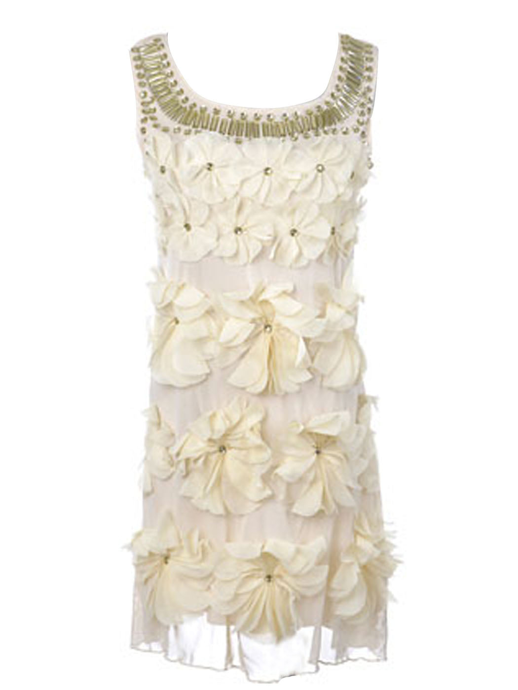 Vestido sin mangas con escote de cuentas y piedras preciosas con diseño floral de pétalos de flores color crema beige