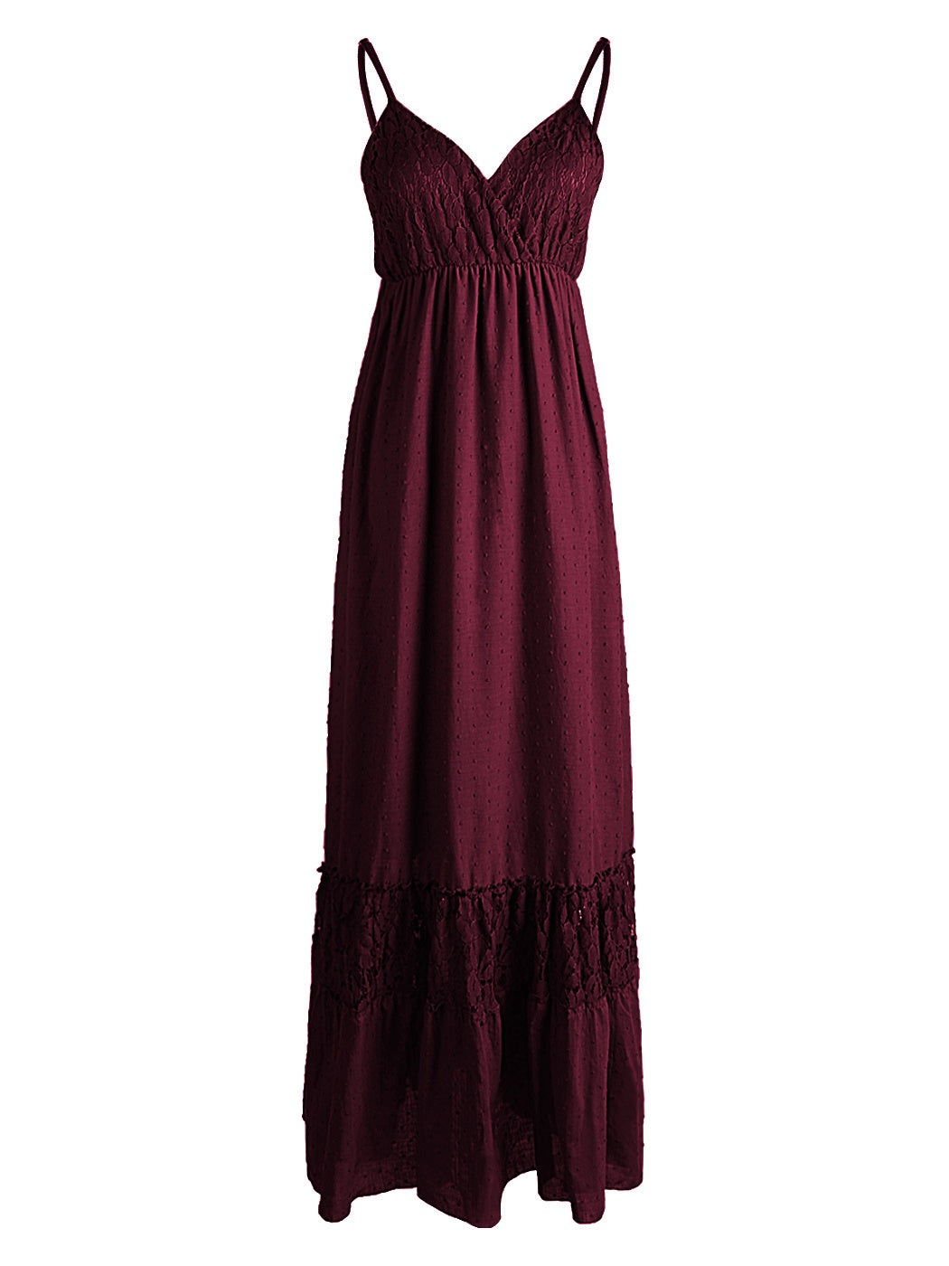 Vestido largo de encaje con lunares y escote en forma de corazón 