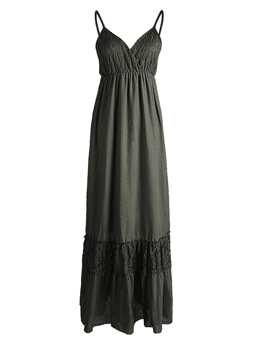 Vestido largo de encaje con lunares y escote en forma de corazón 