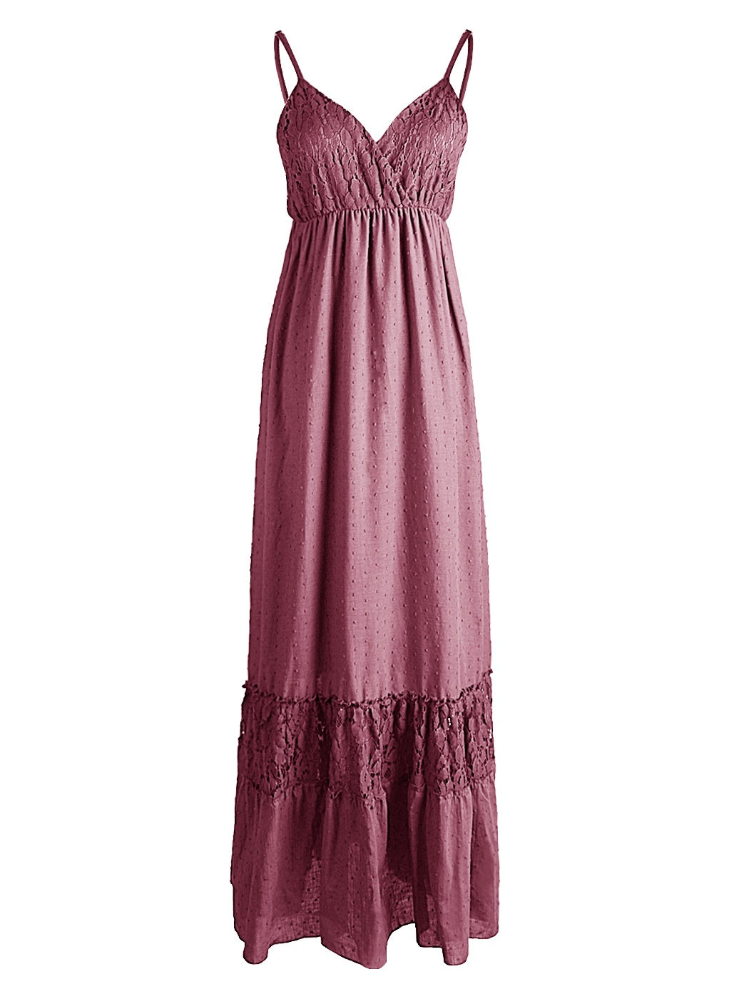 Vestido largo de encaje con lunares y escote en forma de corazón 