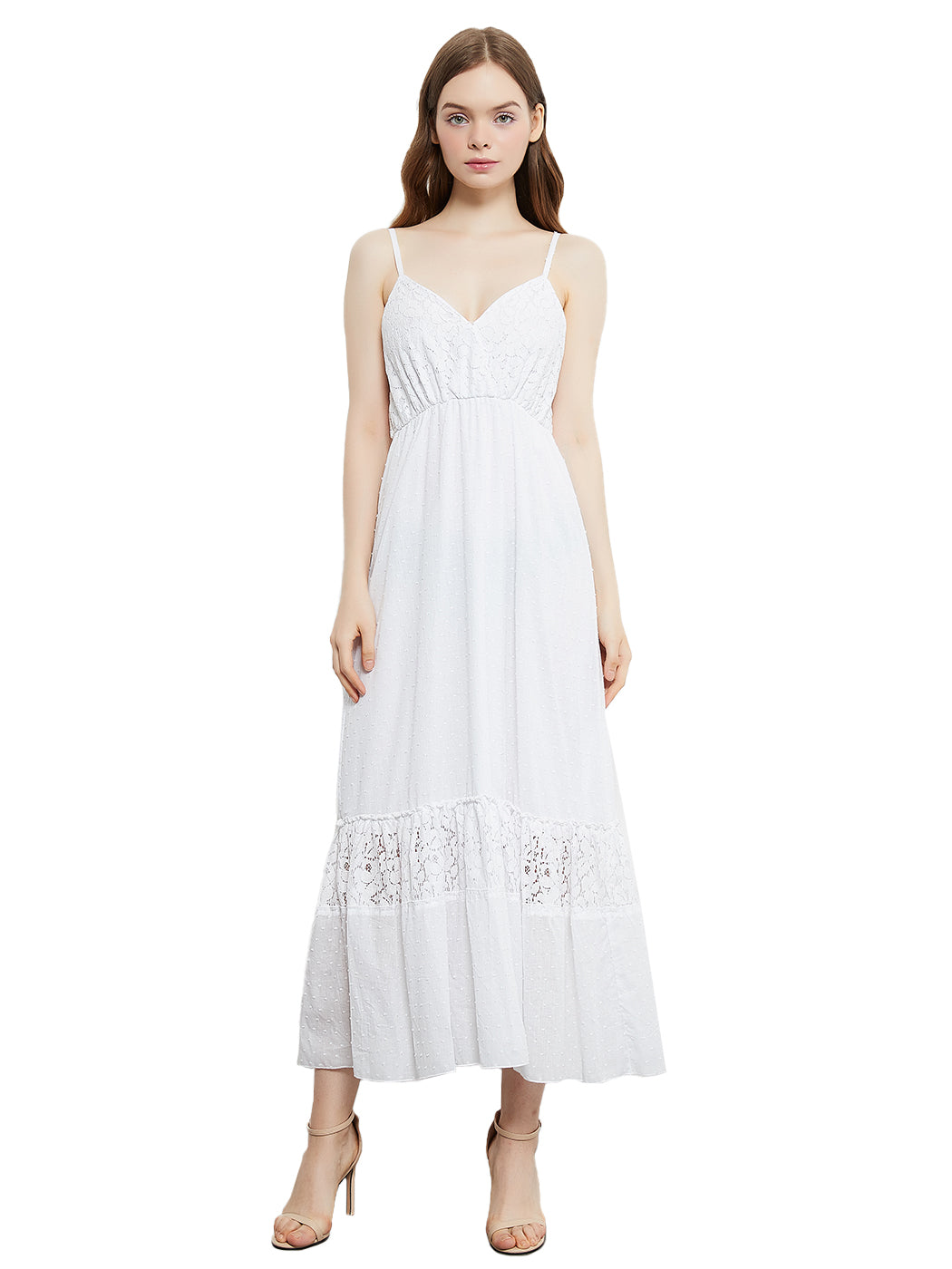 Vestido largo de encaje con lunares y escote en forma de corazón 