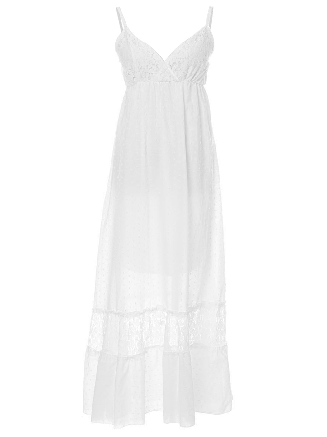Vestido largo de encaje con lunares y escote en forma de corazón 