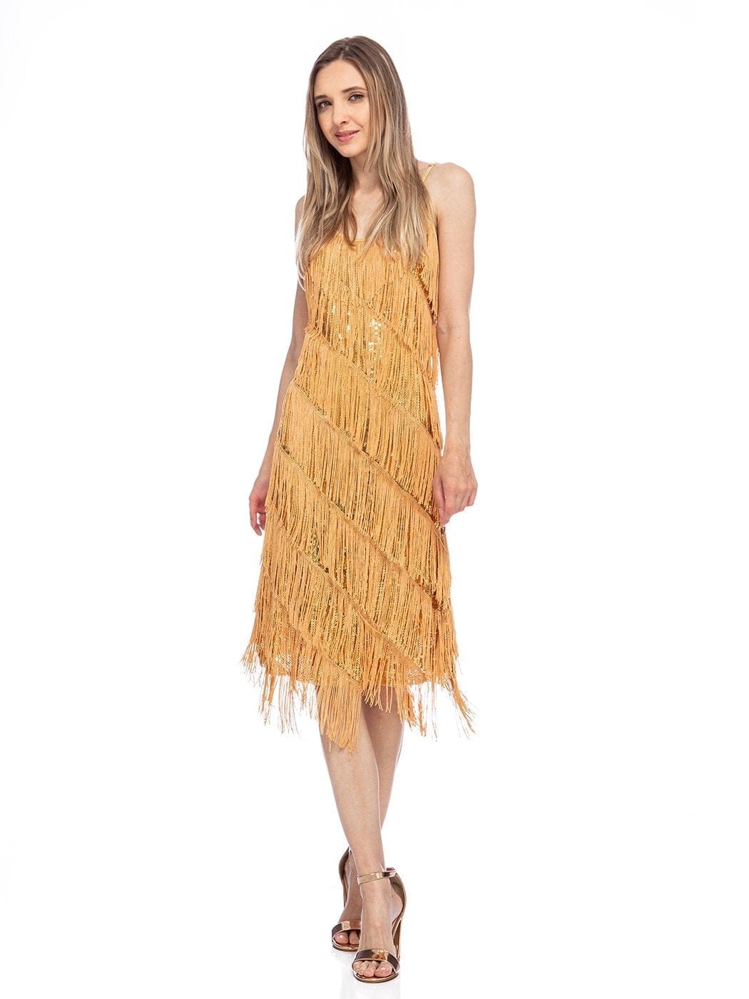 Vestido midi estilo flapper con flecos y lentejuelas