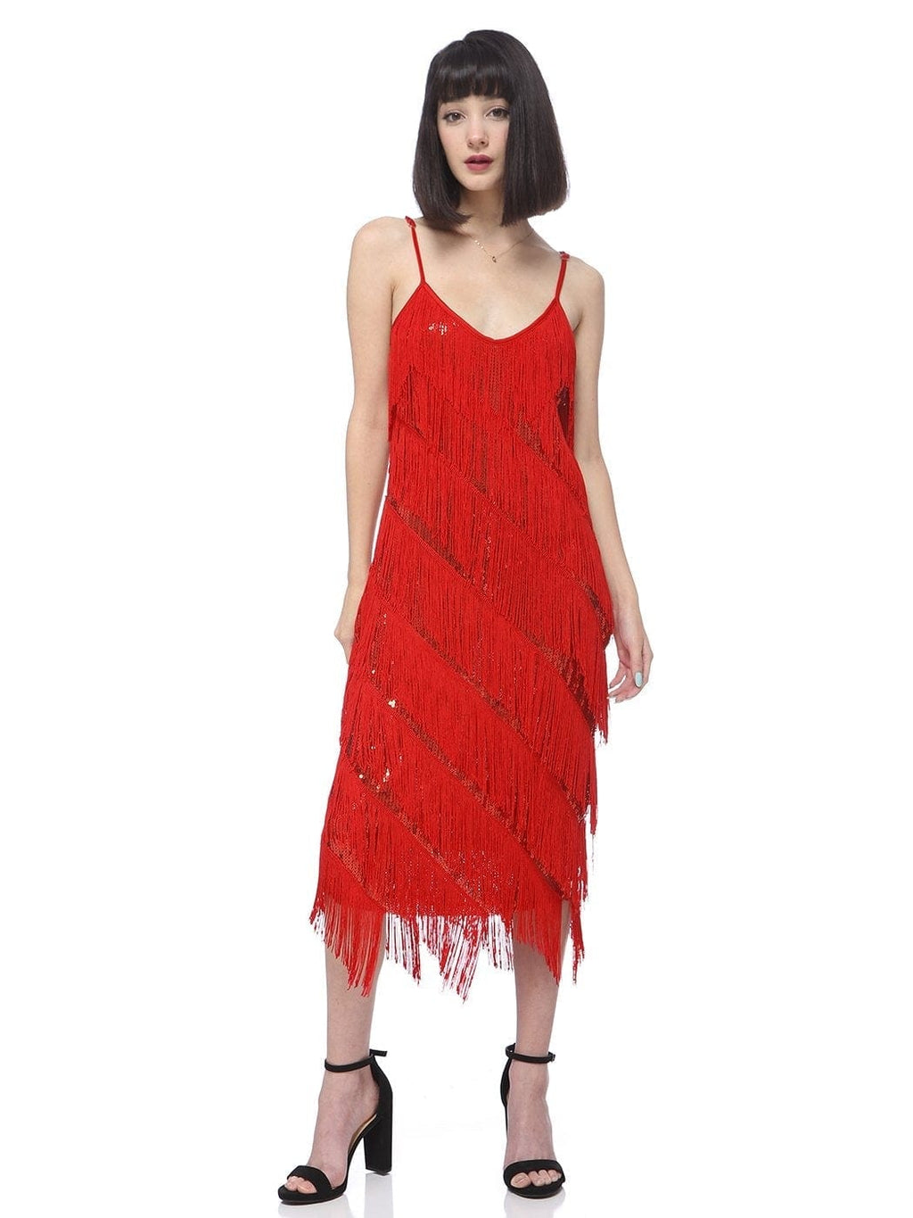 Vestido midi estilo flapper con flecos y lentejuelas