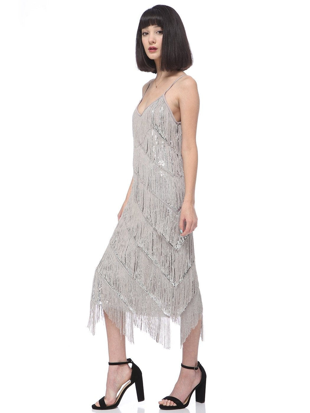 Vestido midi estilo flapper con flecos y lentejuelas