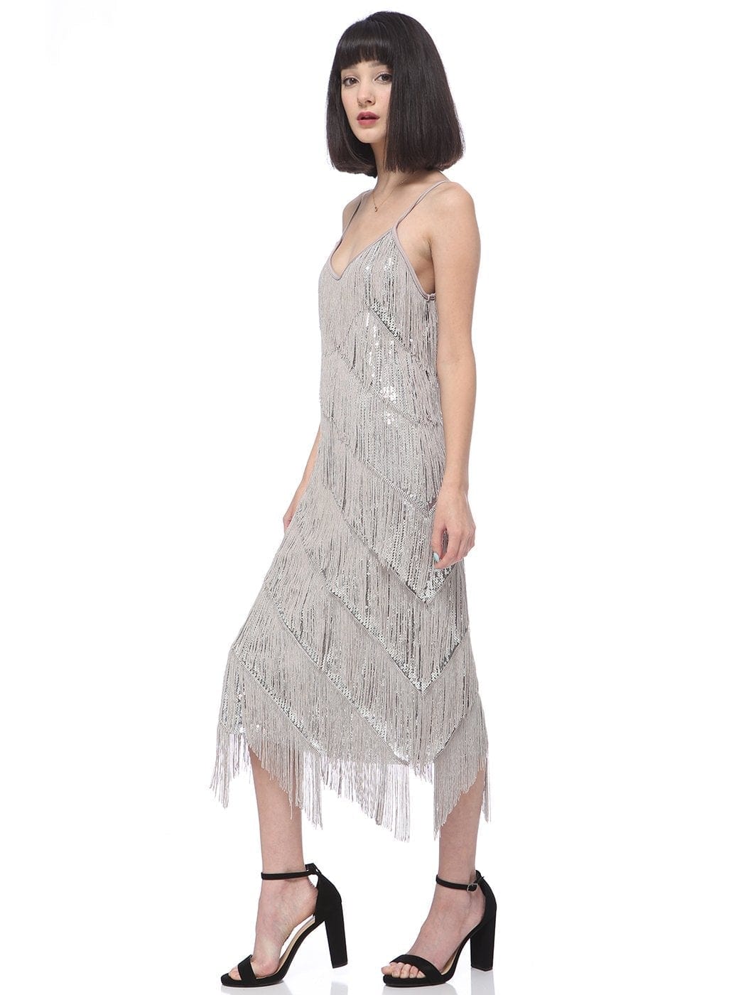 Vestido midi estilo flapper con flecos y lentejuelas