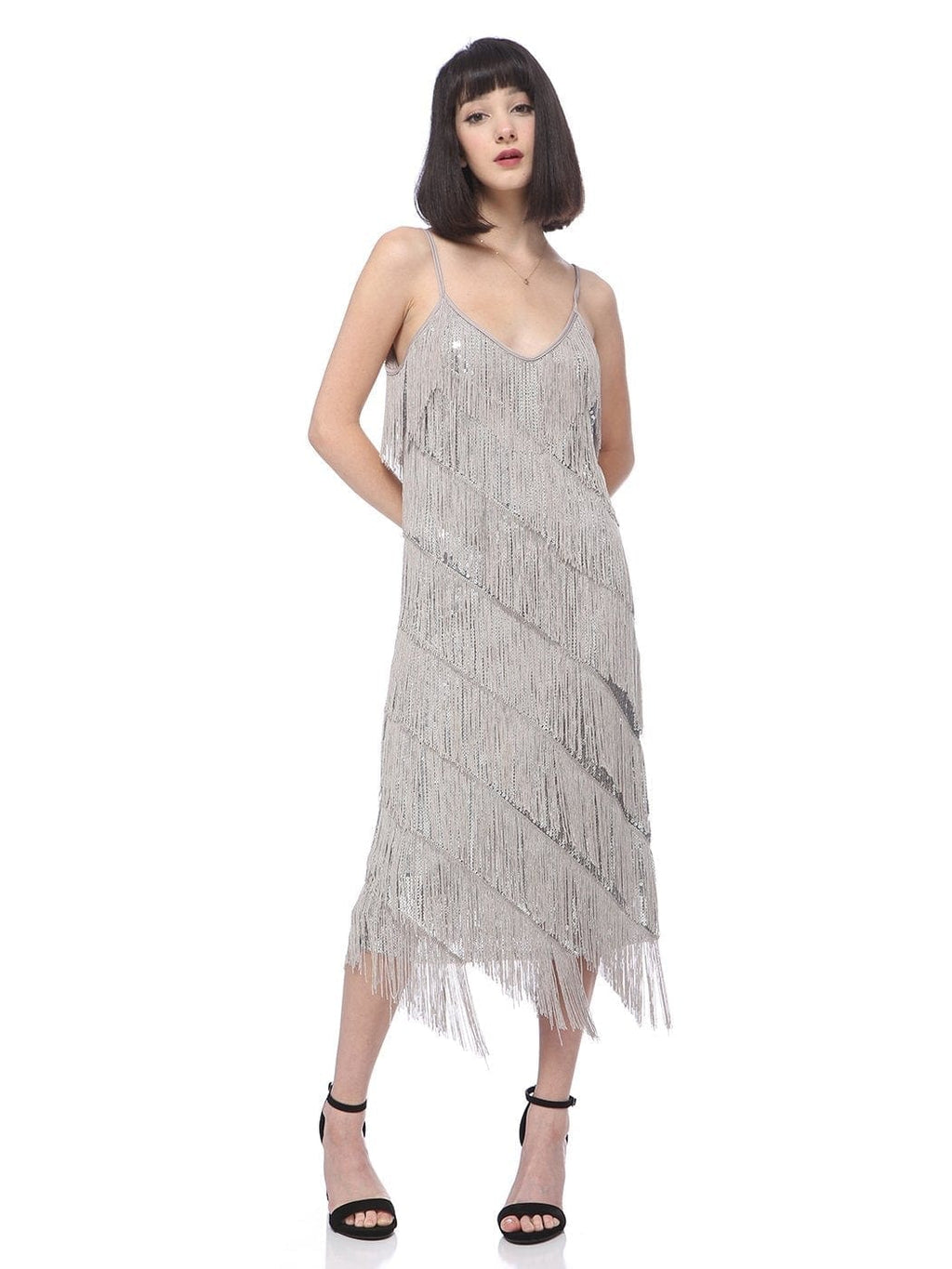 Vestido midi estilo flapper con flecos y lentejuelas