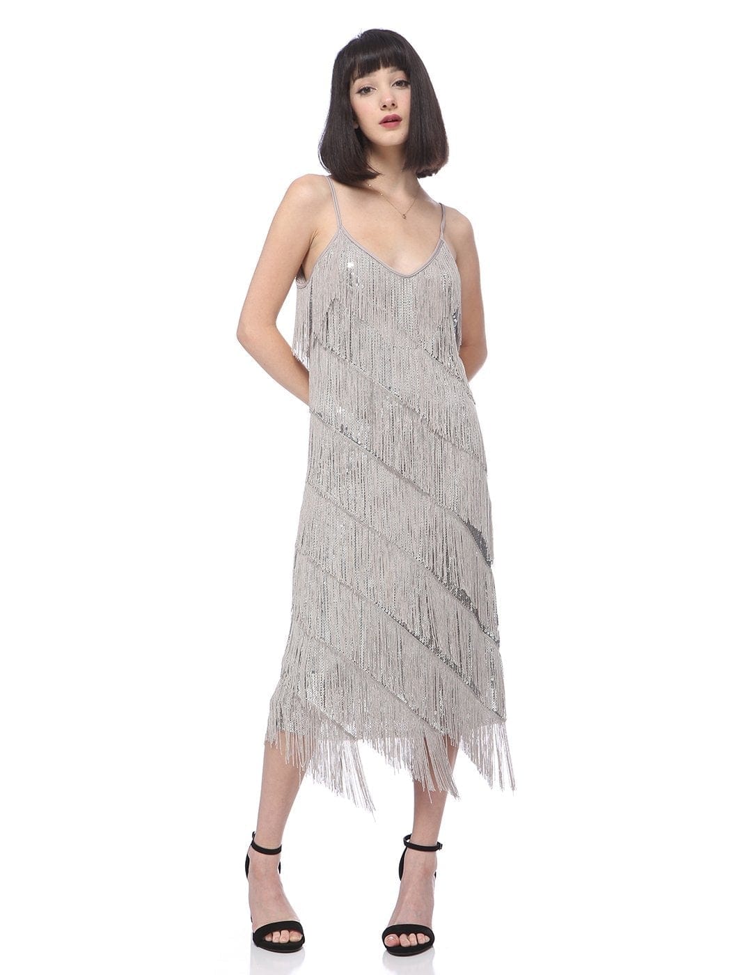 Vestido midi estilo flapper con flecos y lentejuelas