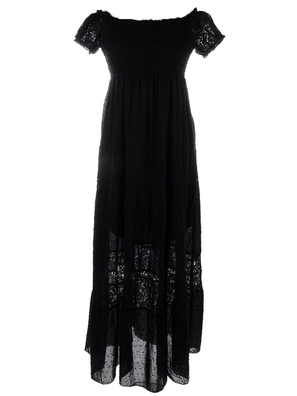 Vestido largo de encaje con hombros descubiertos