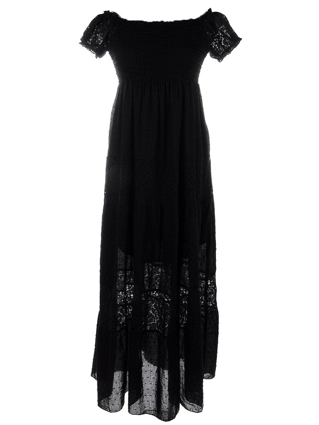 Vestido largo de encaje con hombros descubiertos