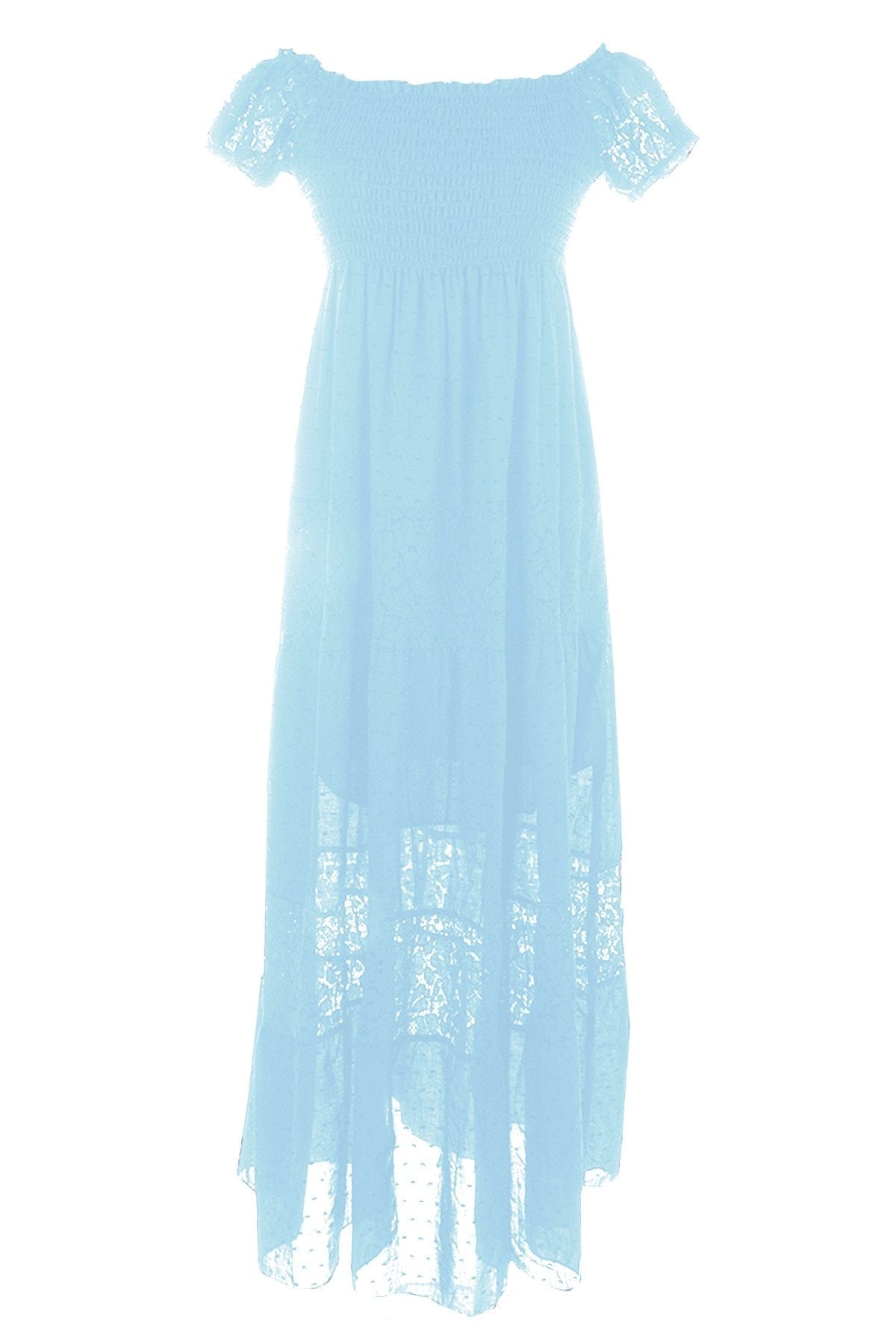Vestido largo de encaje con hombros descubiertos
