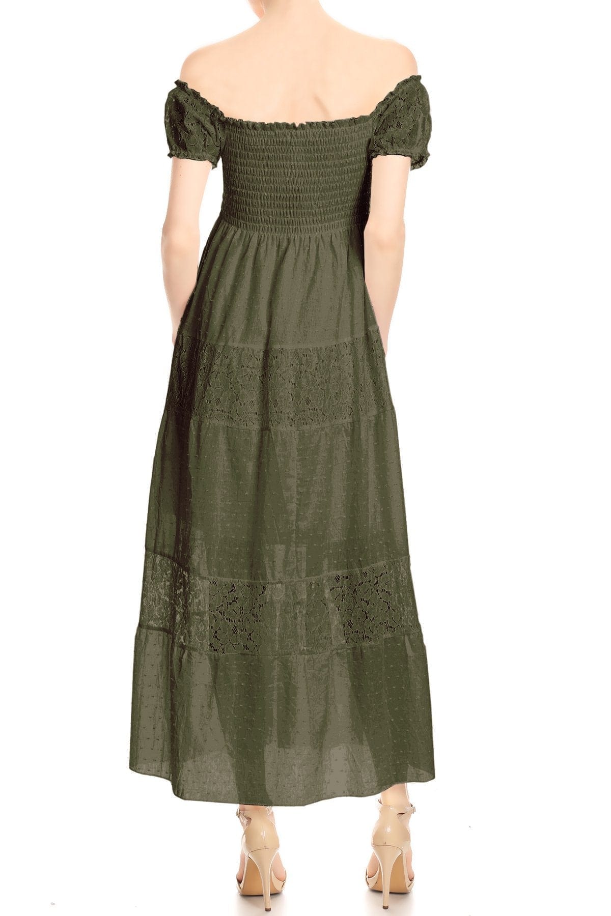 Vestido largo de encaje con hombros descubiertos