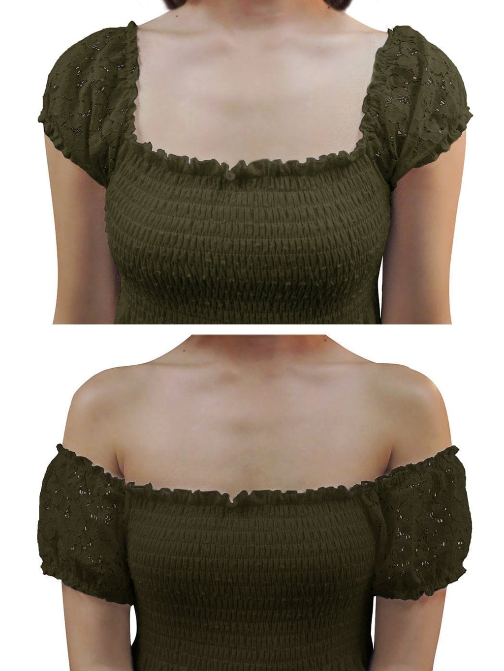 Vestido largo de encaje con hombros descubiertos
