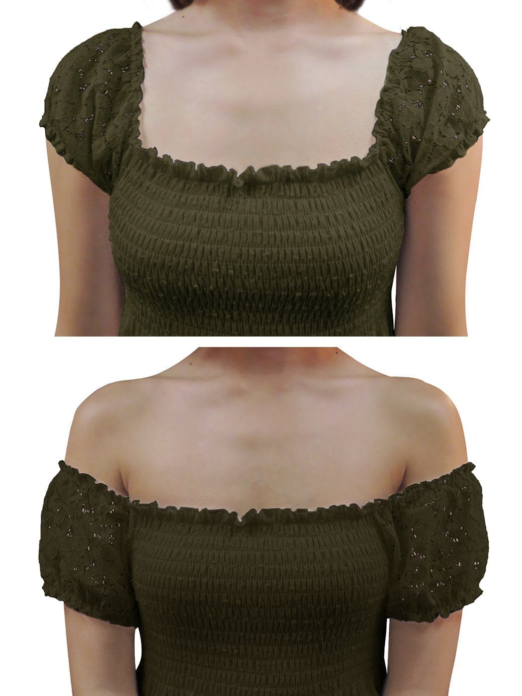 Vestido largo de encaje con hombros descubiertos