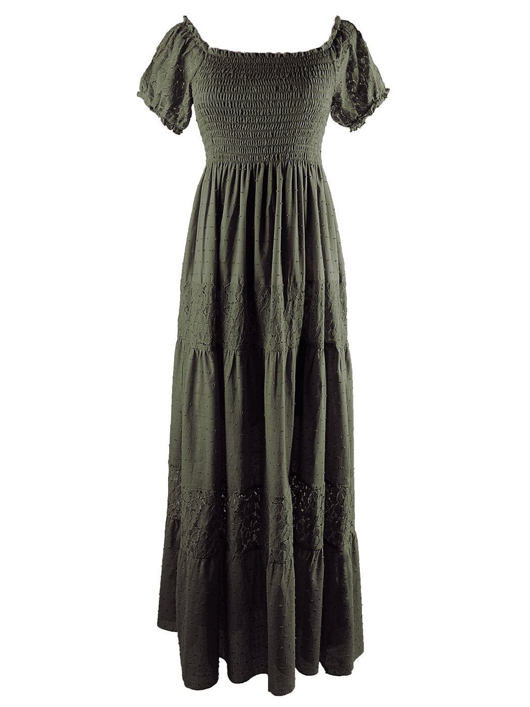Vestido largo de encaje con hombros descubiertos