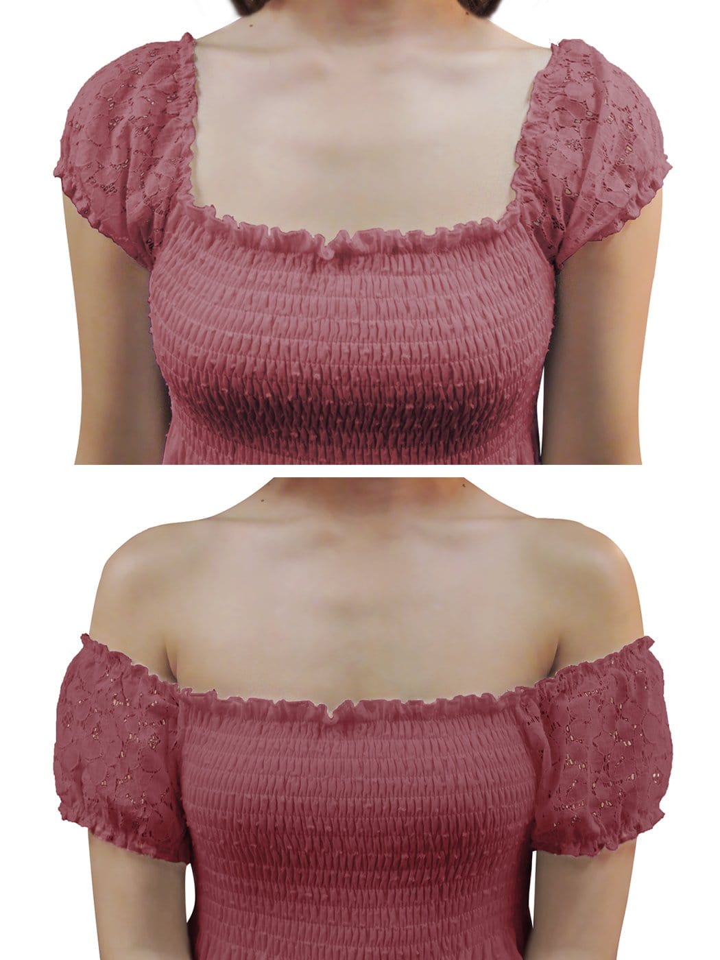 Vestido largo de encaje con hombros descubiertos